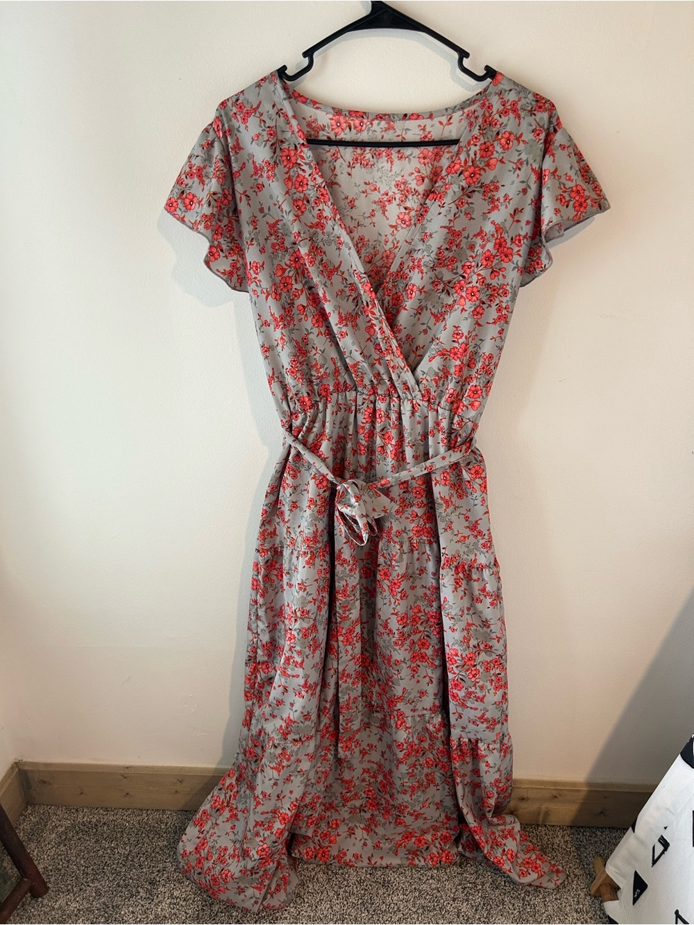 SHEIN Red Floral Wrap Maxi Dress on Light Gray